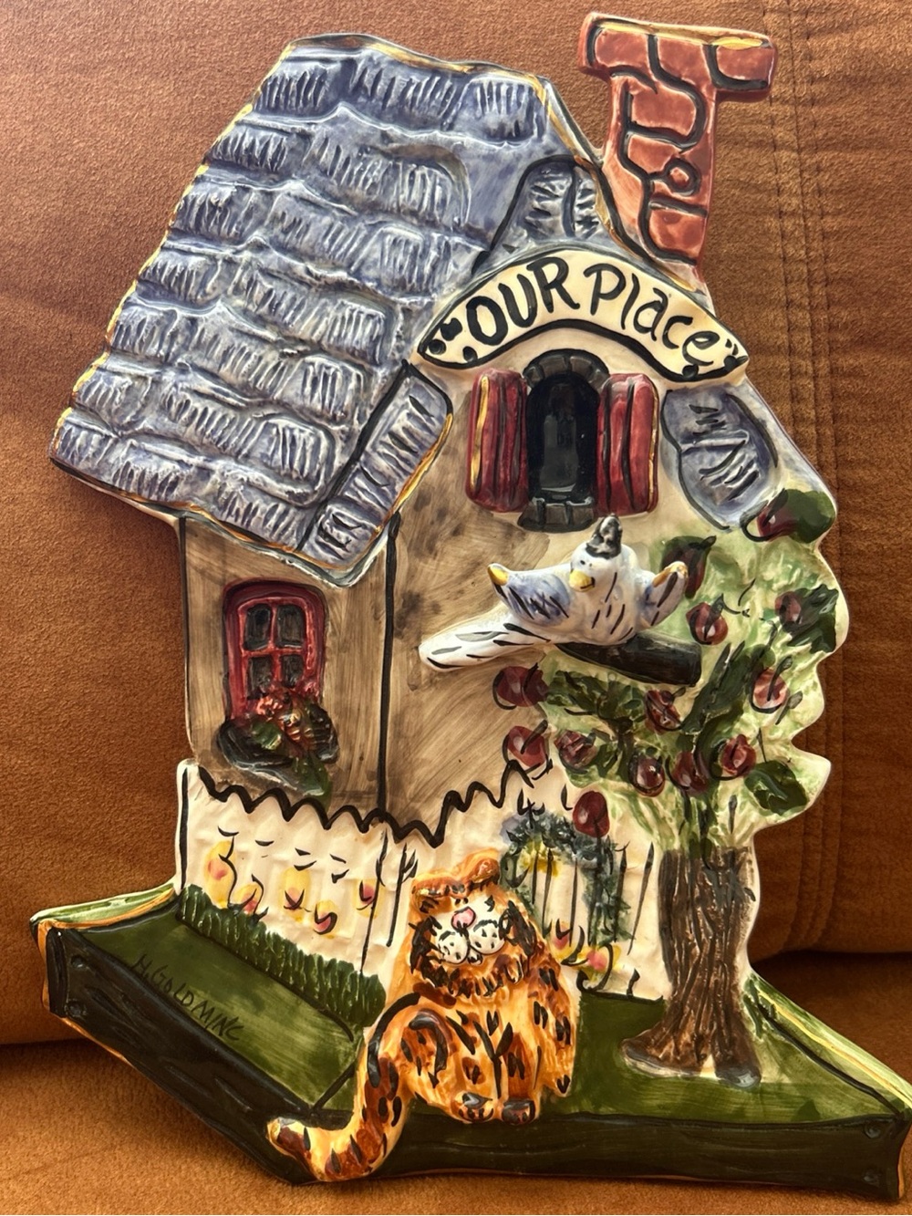 Blue Sky Our Place Wall Hanging Ceramic Heather Goldminc Signed Cat Bird 3D